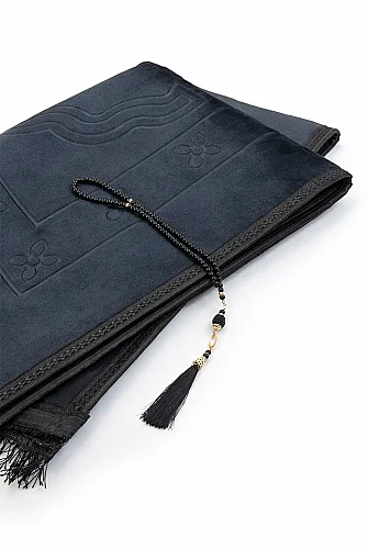 İsme Özel Yumuşak Kadife Dokulu Mihrap Desenli Peluş Seccade Siyah - 6