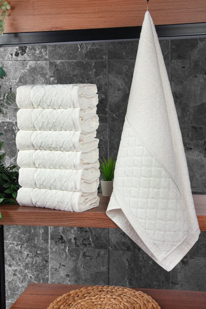 Jakarlı %100 Pamuklu 6'lı Lüks Kutulu Çeyizlik El Yüz Havlu Seti 50x90 - Beyaz 00050 - 1