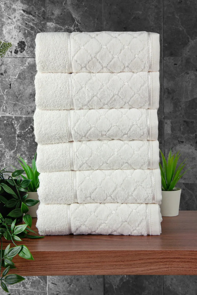 Jakarlı %100 Pamuklu 6'lı Lüks Kutulu Çeyizlik El Yüz Havlu Seti 50x90 - Beyaz 00050 - 2