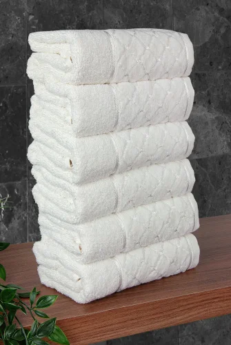 Jakarlı %100 Pamuklu 6'lı Lüks Kutulu Çeyizlik El Yüz Havlu Seti 50x90 - Beyaz 00050 - 5