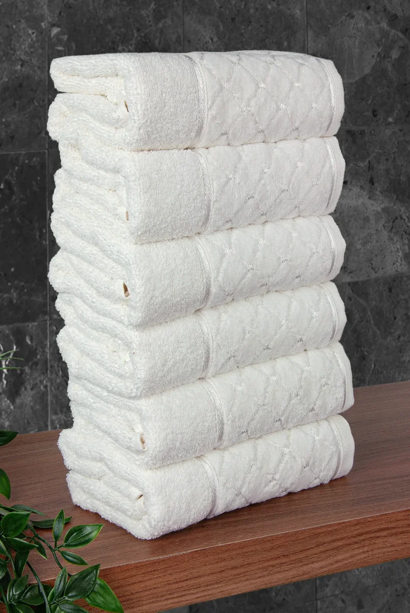 Jakarlı %100 Pamuklu 6'lı Lüks Kutulu Çeyizlik El Yüz Havlu Seti 50x90 - Beyaz 00050 - 5