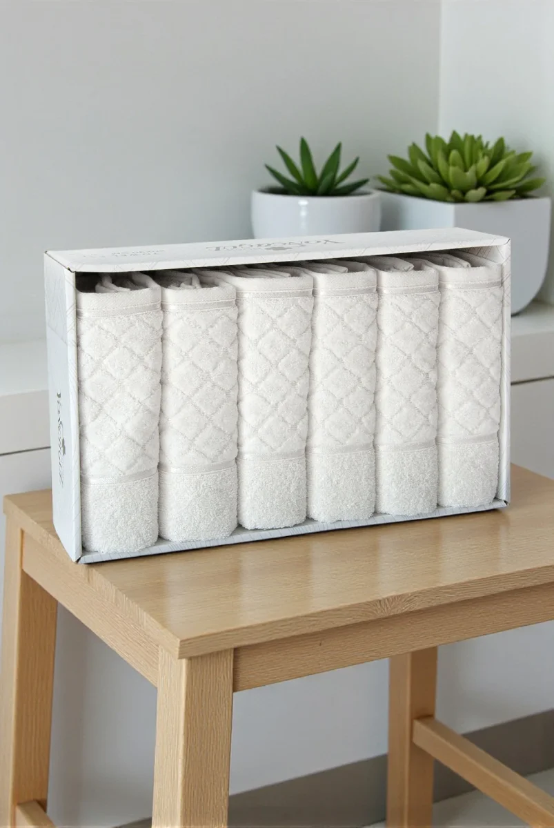 Jakarlı %100 Pamuklu 6'lı Lüks Kutulu Çeyizlik El Yüz Havlu Seti 50x90 - Beyaz 00050 - 3