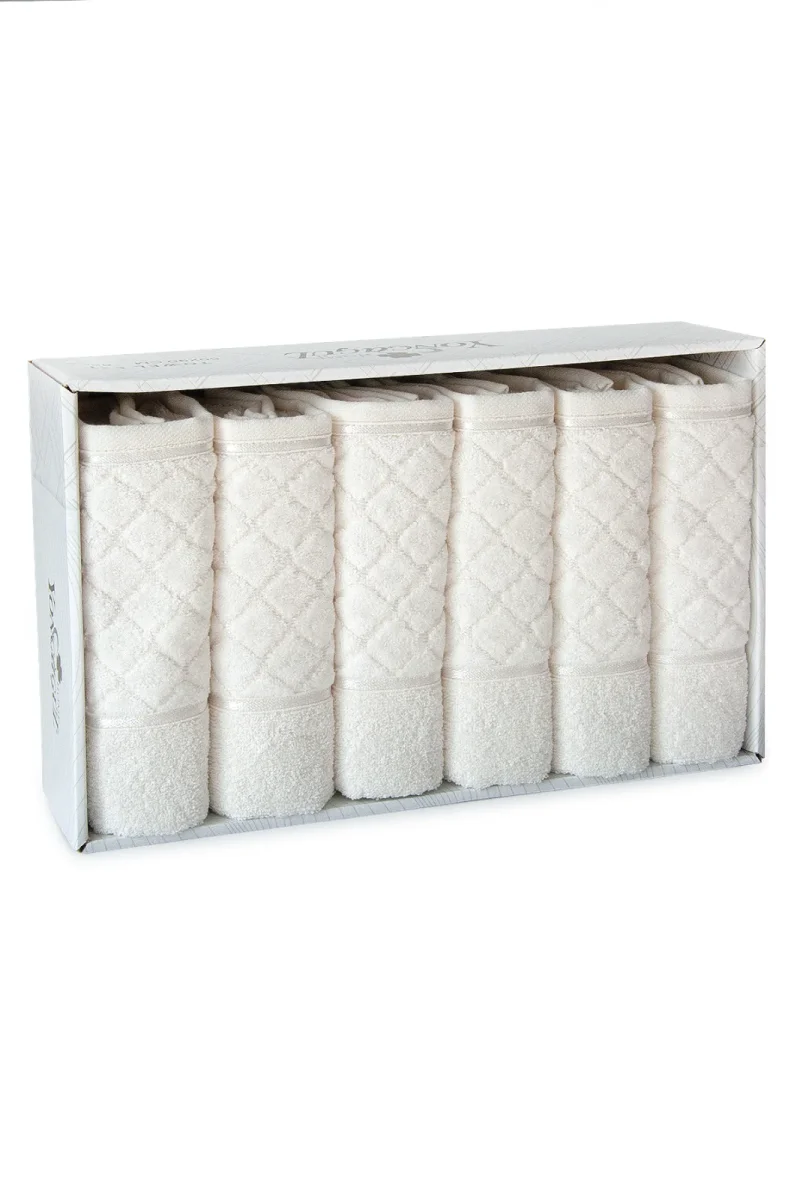 Jakarlı %100 Pamuklu 6'lı Lüks Kutulu Çeyizlik El Yüz Havlu Seti 50x90 - Beyaz 00050 - 6