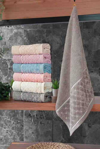 Jakarlı %100 Pamuklu 6'lı Lüks Kutulu Çeyizlik El Yüz Havlu Seti - 50x90 - 00050 