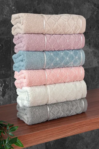 Jakarlı %100 Pamuklu 6'lı Lüks Kutulu Çeyizlik El Yüz Havlu Seti - 50x90 - 00050 - 5