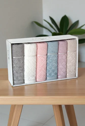 Jakarlı %100 Pamuklu 6'lı Lüks Kutulu Çeyizlik El Yüz Havlu Seti - 50x90 - 00050 - 4