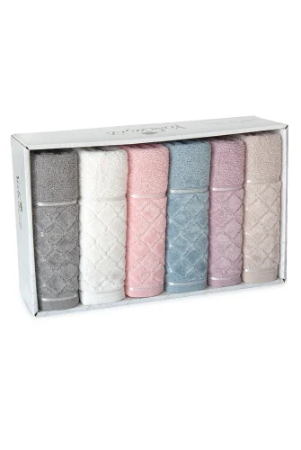 Jakarlı %100 Pamuklu 6'lı Lüks Kutulu Çeyizlik El Yüz Havlu Seti - 50x90 - 00050 - 6