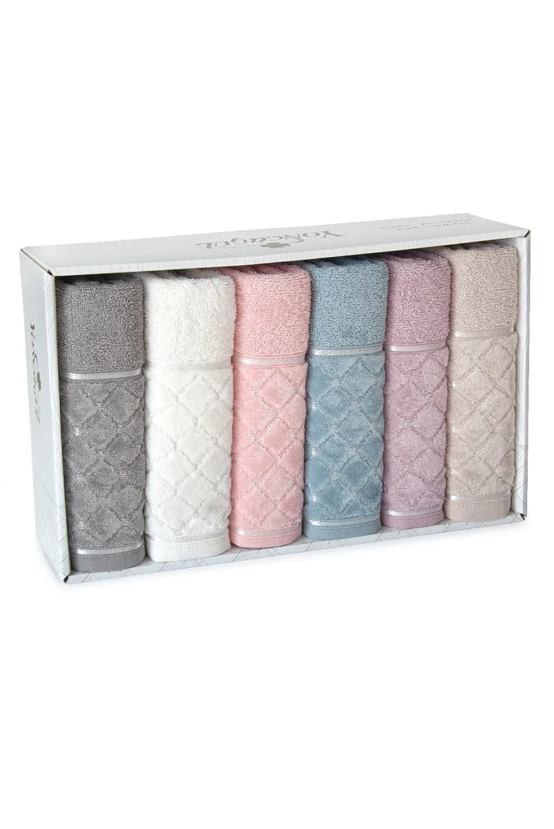 Jakarlı %100 Pamuklu 6'lı Lüks Kutulu Çeyizlik El Yüz Havlu Seti - 50x90 - 00050 - 6