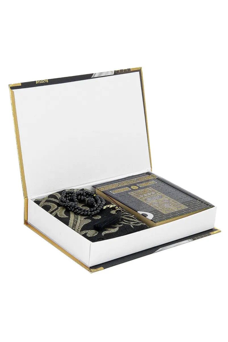Kaaba Boxed Taffeta Prayer Rug and Kabeli Quran Set Black Color - 4
