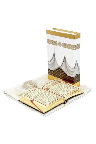 Kaaba Boxed Taffeta Prayer Rug and Kabeli Quran Set Cream Color - ihvanonline (1)
