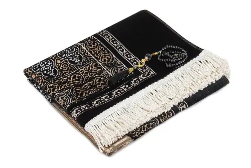 Kaaba Door Model Patterned Chenille Prayer Rug Black - İhvan (1)