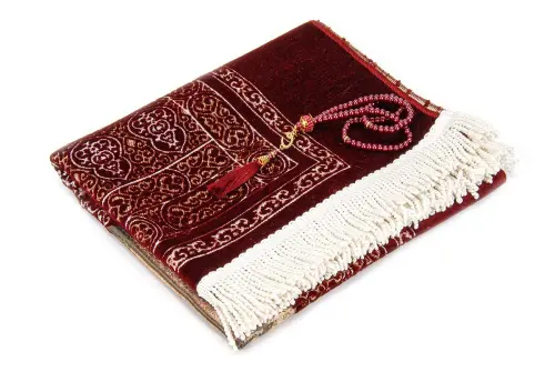 Kaaba Door Model Patterned Chenille Prayer Rug Claret Red - İhvan (1)