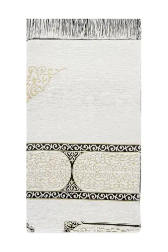 Kaaba Door Patterned Chenille Prayer Rug - White - ihvanonline (1)