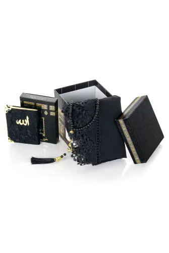Kaaba Patterned Special Boxed Mevlüt Gift Set - Lace Scarf - Essence - Pearl Rosary - Velvet Covered Yasin Book - Black - ihvanonline (1)