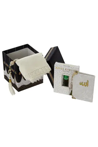 Kaaba Patterned Special Boxed Mevlüt Gift Set - Scalloped Cover - Ravza Fragrance - Pearl Rosary - Velvet Yasin Cream - ihvanonline (1)