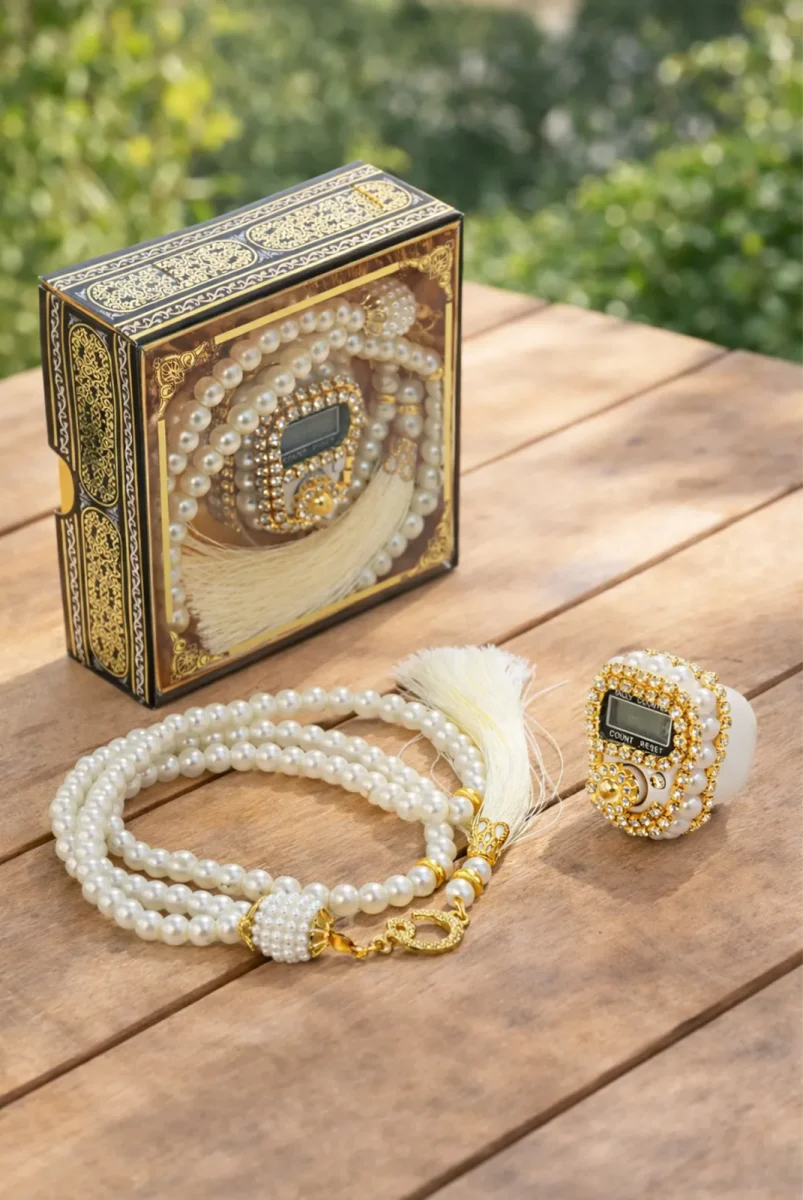 Kabe Desen Kutulu İnci Tesbihli Taşlı Zikirmatik Mevlüt Hediyesi - Beyaz - 1