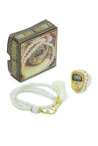 Kabe Desen Kutulu İnci Tesbihli Taşlı Zikirmatik Mevlüt Hediyesi - Beyaz - ihvanonline (1)