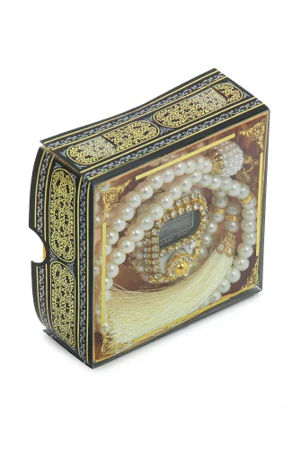 Kabe Desen Kutulu İnci Tesbihli Taşlı Zikirmatik Mevlüt Hediyesi - Beyaz - 3