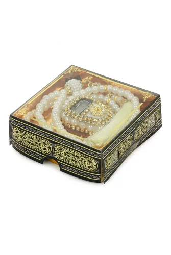 Kabe Desen Kutulu İnci Tesbihli Taşlı Zikirmatik Mevlüt Hediyesi - Beyaz - 4