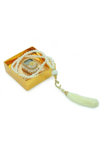 Kabe Desen Kutulu İnci Tesbihli Taşlı Zikirmatik Mevlüt Hediyesi - Beyaz - 5