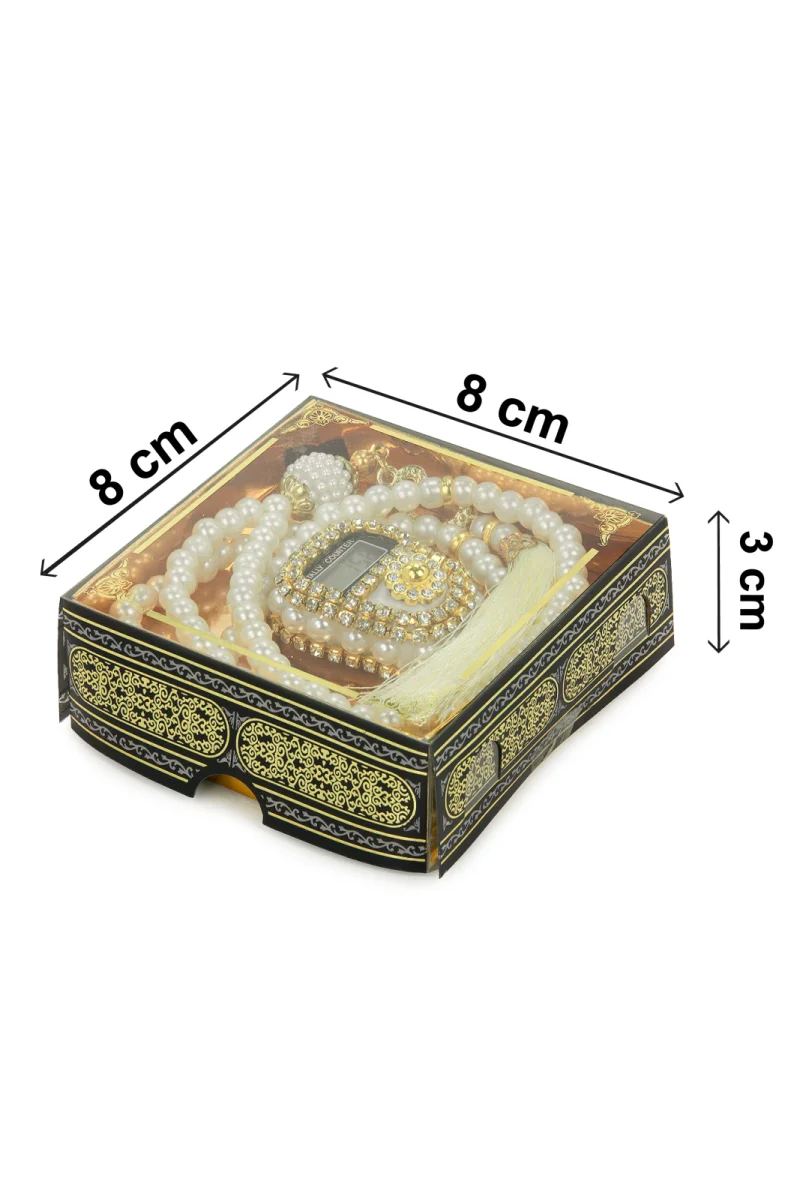 Kabe Desen Kutulu İnci Tesbihli Taşlı Zikirmatik Mevlüt Hediyesi - Beyaz - 6