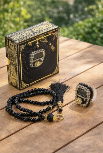 Kabe Desen Kutulu İnci Tesbihli Taşlı Zikirmatik Mevlüt Hediyesi - Siyah 