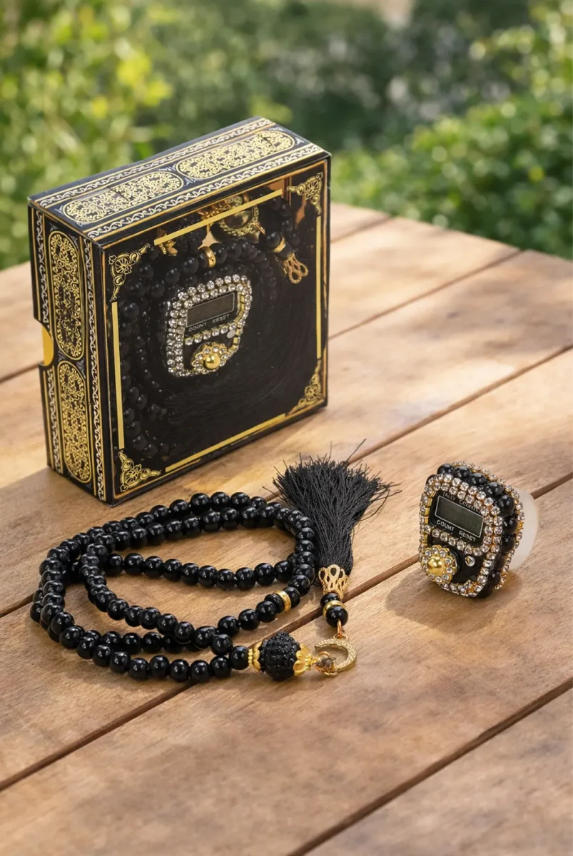 Kabe Desen Kutulu İnci Tesbihli Taşlı Zikirmatik Mevlüt Hediyesi - Siyah - 1