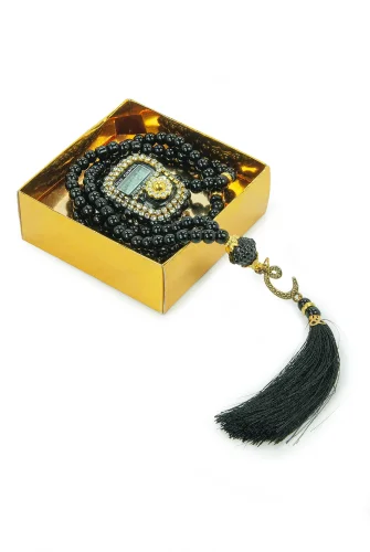 Kabe Desen Kutulu İnci Tesbihli Taşlı Zikirmatik Mevlüt Hediyesi - Siyah - 4