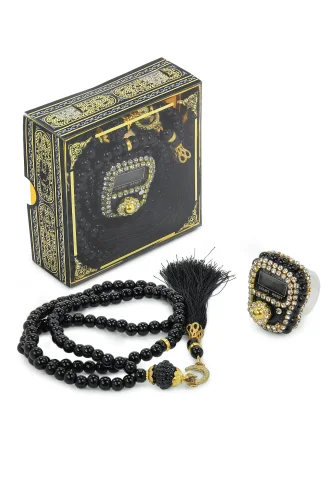 Kabe Desen Kutulu İnci Tesbihli Taşlı Zikirmatik Mevlüt Hediyesi - Siyah - 5