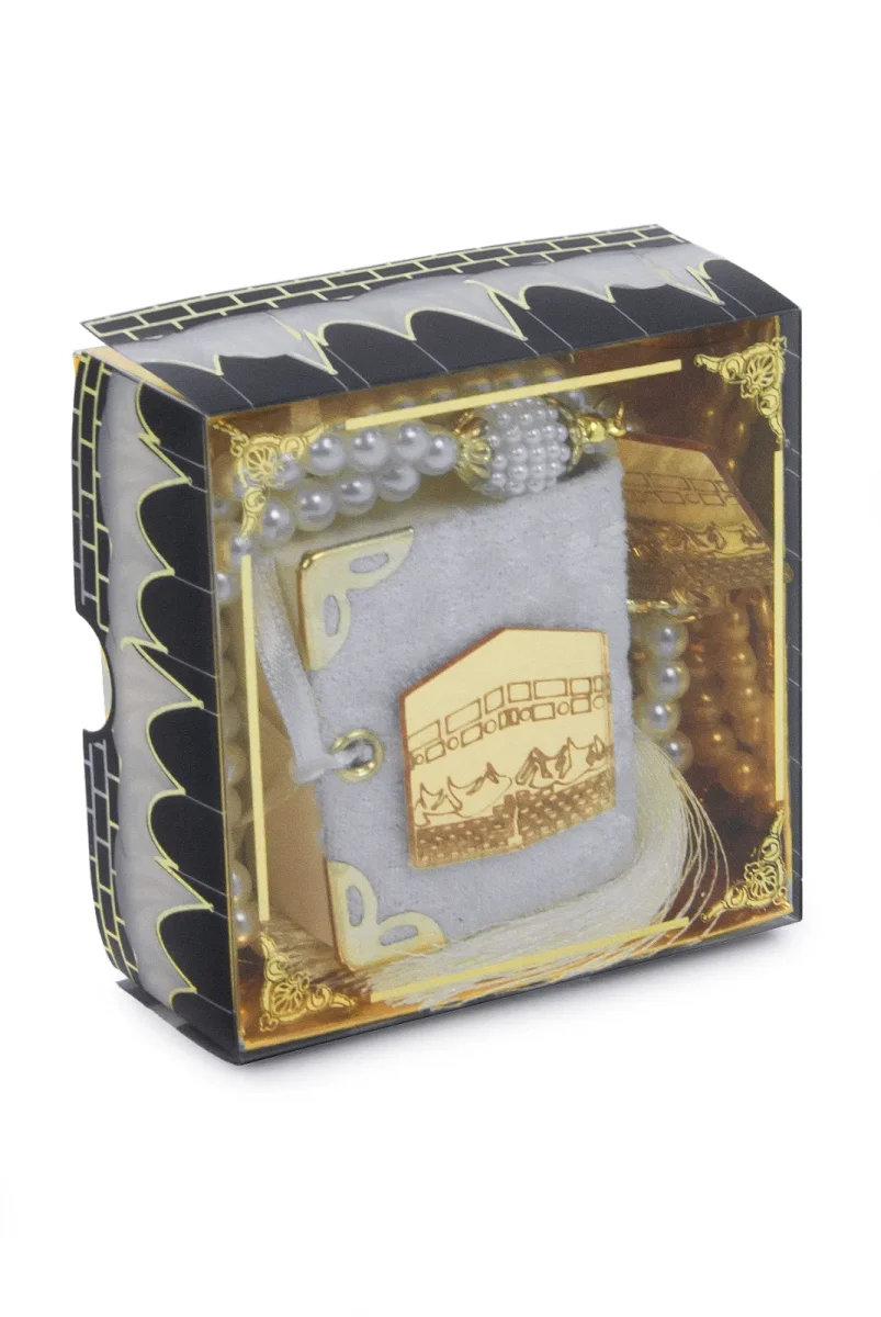 Kabe Desen Kutulu Pleksili İnci Tesbihli Kadife Kaplı Mini Kuran Mevlüt Hediyesi - Beyaz - 2