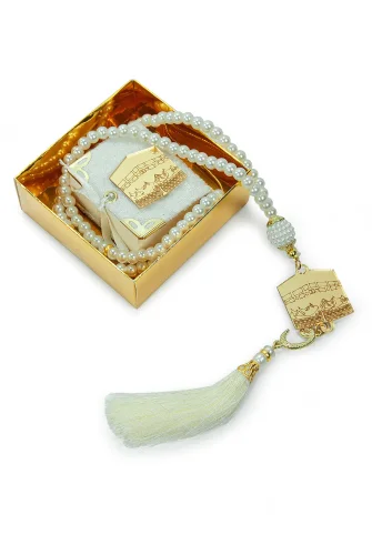 Kabe Desen Kutulu Pleksili İnci Tesbihli Kadife Kaplı Mini Kuran Mevlüt Hediyesi - Beyaz - 4