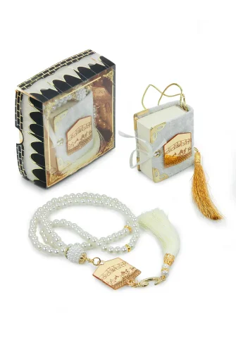 Kabe Desen Kutulu Pleksili İnci Tesbihli Kadife Kaplı Mini Kuran Mevlüt Hediyesi - Beyaz - 5