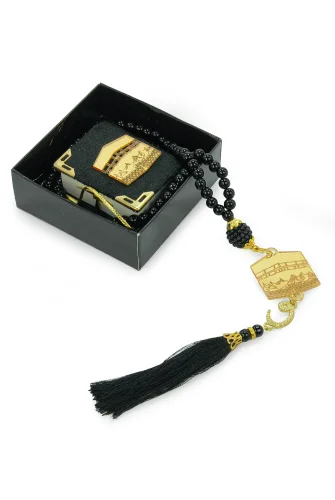 Kabe Desen Kutulu Pleksili İnci Tesbihli Kadife Kaplı Mini Kuran Mevlüt Hediyesi - Siyah - 4