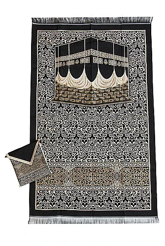 Kabe Desenli Çantalı Şönil Seccade Seti - Siyah Gold - 10