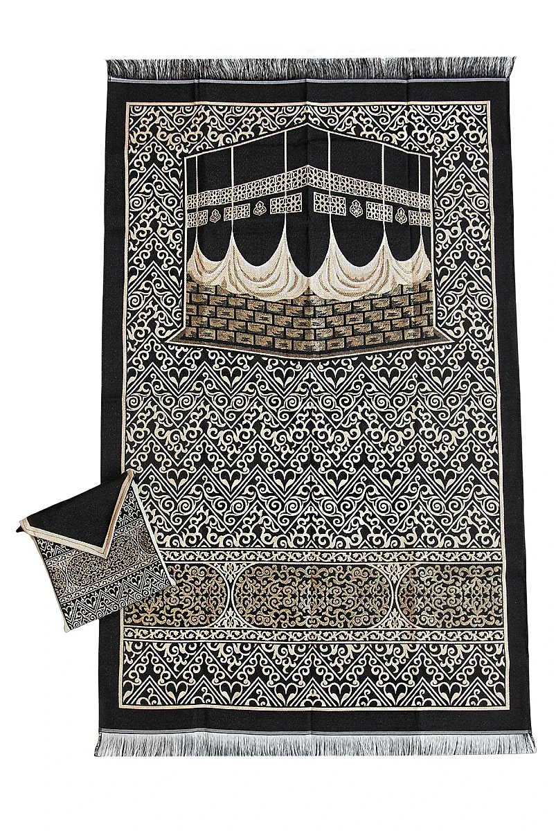 Kabe Desenli Çantalı Şönil Seccade Seti - Siyah Gold - 10
