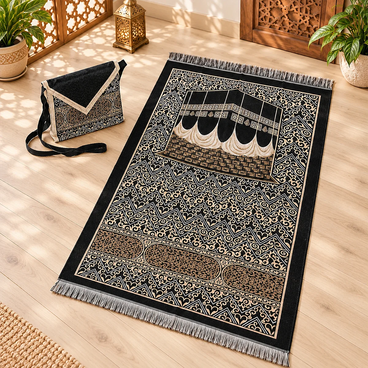 Kabe Desenli Çantalı Şönil Seccade Seti - Siyah Gold - 1
