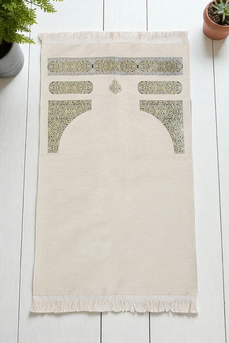 Kabe Desenli Örgü Püsküllü Şönil Seccade Krem - 1