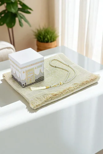 Kabe Desenli Özel Kutulu Seccade Tesbih Mevlüt Seti Beyaz - 1