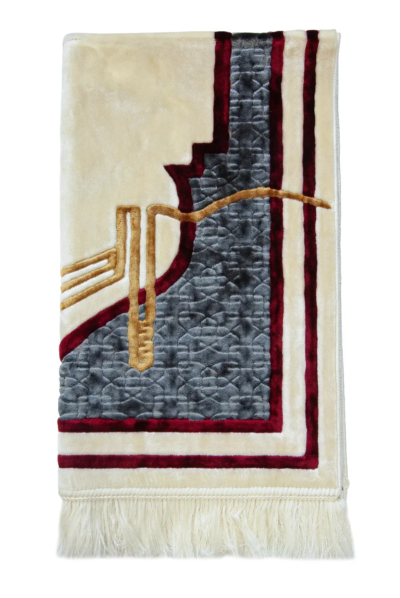 Kabe Detaylı Lüks Kaymaz Tabanlı Kadife Seccade - 5