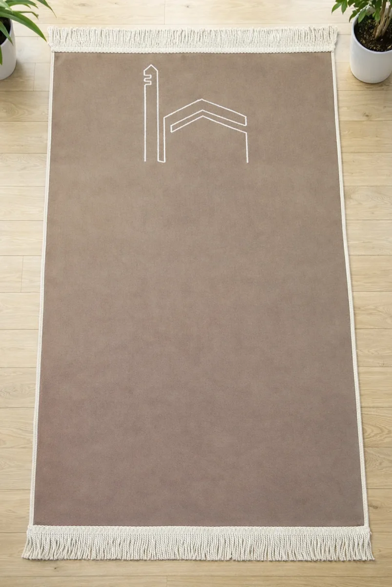 Kabe İşlemeli Lüks Kadife Seccade - Çeyizlik, Hac ve Umre Hediyelik Namazlık - Bej - 1