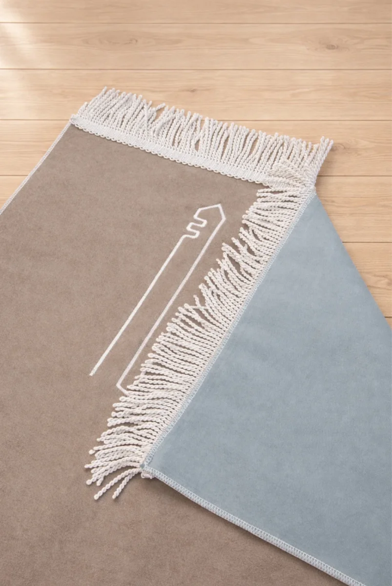 Kabe İşlemeli Lüks Kadife Seccade - Çeyizlik, Hac ve Umre Hediyelik Namazlık - Bej - 2