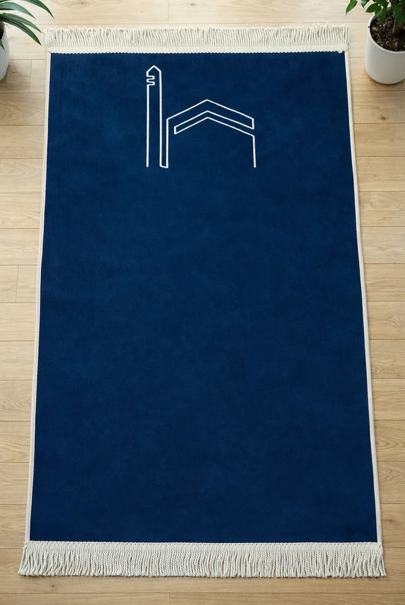 Kabe İşlemeli Lüks Kadife Seccade - Çeyizlik, Hac ve Umre Hediyelik Namazlık - Lacivert - 1