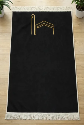 Kabe İşlemeli Lüks Kadife Seccade - Çeyizlik, Hac ve Umre Hediyelik Namazlık - Siyah 