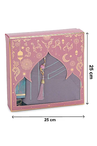 Anneler Gününe Özel - Kabe İşlemeli Lüks Kadife Seccade, Zikirmatik, İnci Tesbih, Medine Gülü Parfüm 150 ml - Kutulu Hediye Seti - Pembe - 3