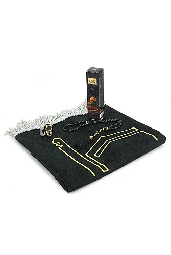 Kabe İşlemeli Lüks Kadife Seccade, Zikirmatik, İnci Tesbih, Parfüm 150 ml - Kutulu Hediye Seti - Siyah - 5