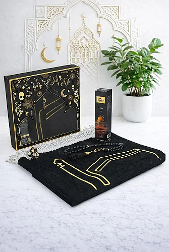 Kabe İşlemeli Lüks Kadife Seccade,Zikirmatik,İnci Tesbih,Aksa Parfüm 150 ml - Kutulu Hediye Seti - Siyah 
