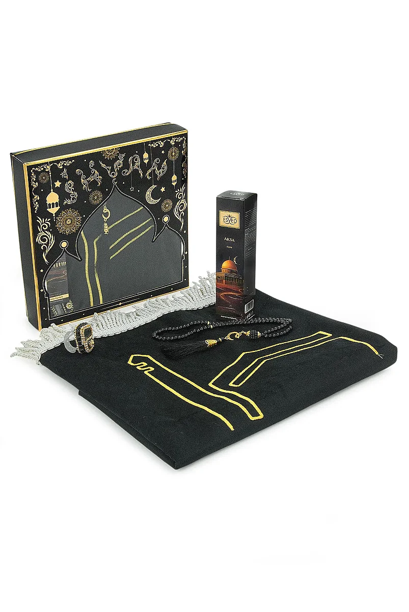 Kabe İşlemeli Lüks Kadife Seccade,Zikirmatik,İnci Tesbih,Aksa Parfüm 150 ml - Kutulu Hediye Seti - Siyah - 2