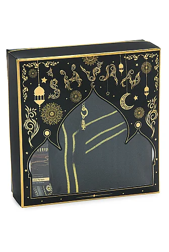 Kabe İşlemeli Lüks Kadife Seccade,Zikirmatik,İnci Tesbih,Aksa Parfüm 150 ml - Kutulu Hediye Seti - Siyah - 3