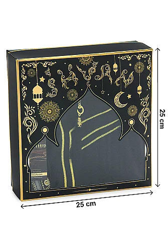 Kabe İşlemeli Lüks Kadife Seccade,Zikirmatik,İnci Tesbih,Aksa Parfüm 150 ml - Kutulu Hediye Seti - Siyah - 4