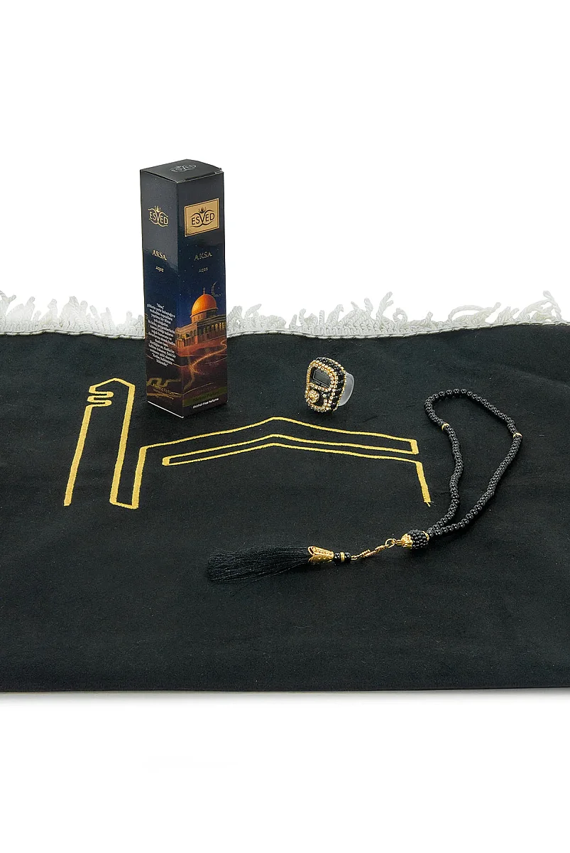 Kabe İşlemeli Lüks Kadife Seccade,Zikirmatik,İnci Tesbih,Aksa Parfüm 150 ml - Kutulu Hediye Seti - Siyah - 6